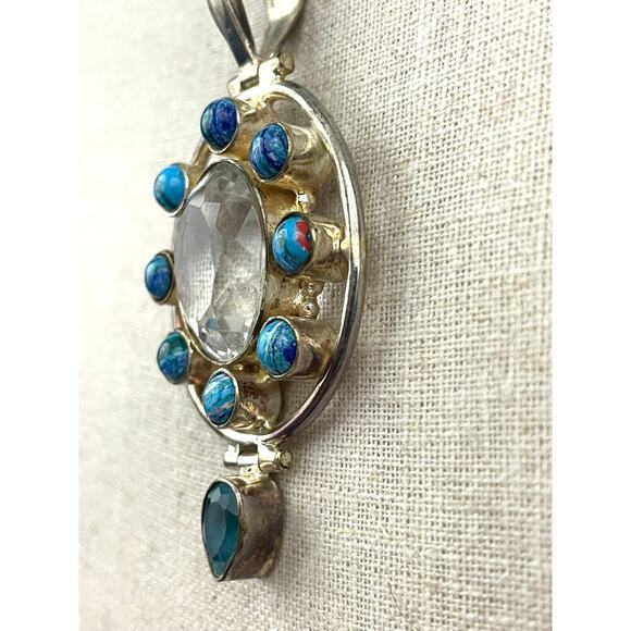 VTG 925 Silver Blue Clear Pendant Italy Chain Necklace Cluster 18" - Picture 8 of 16